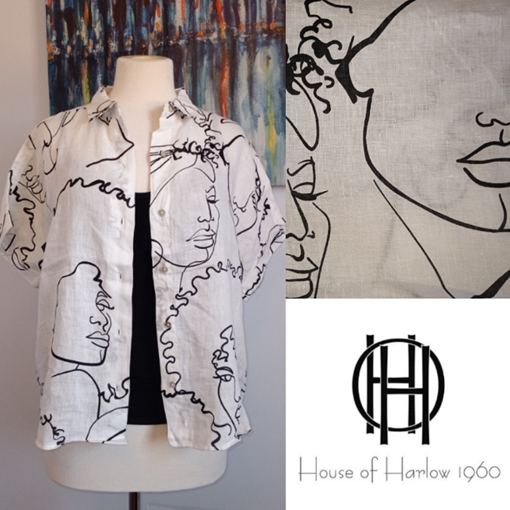House of Harlow 1960 White Button-Down Shirt with Black Line Art Faces